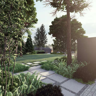 Projekt moderni zahrady v lesnim stylu, vytvoren zahradnim architektem Rock&Flower Studio,